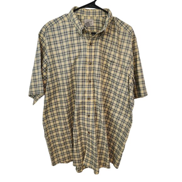 L.L. Bean Mens Yellow and Blue Button Up 100% Cotton Traditional Fit Short Sleev - Picture 1 of 4